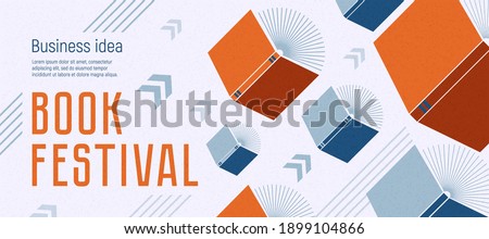 Banner for book festival. Open books flying with arrows. Vector minimalist background with textures. Design template for a library, education theme. Concept of striving for success. Blue and red color