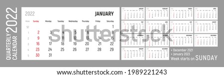 Quarterly calendar for the 2022 year. English Language. Week Starts on Sunday. Weeks, December 2021, January 2023. Vector editable calender template.