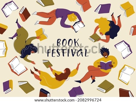 Banner for book festival. Open books and flying people. Vector minimalist background. Design template for a library, education theme. A person is reading a book.