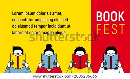 Banner for book festival. People read books. Vector minimalist background. Design template for a library, school, education theme. Students are reading. Theme of bookcrossing.