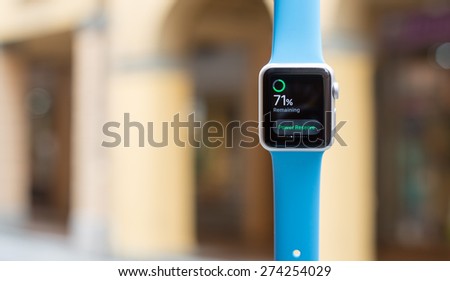 BOLOGNA, ITALY - APR 30, 2015: the Apple Watch. The first wrist device produced by Apple. Screen displays the power reserve.