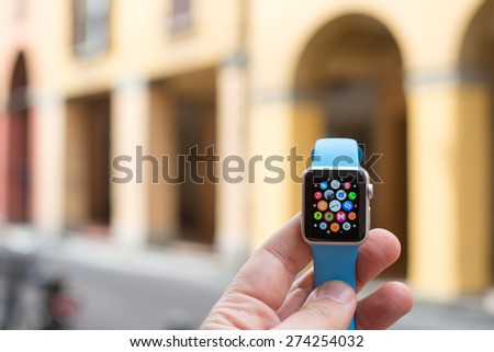 BOLOGNA, ITALY - APR 30, 2015: the Apple Watch. The first wrist device produced by Apple. Screen displays the application list.