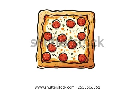 Vector Illustration of Square Sicilian Pizza in Cartoon Style – Delicious Slice of Thick-Crusted Pizza with Toppings of Tomato Sauce, Mozzarella Cheese, Anchovies, and Fresh Herbs.