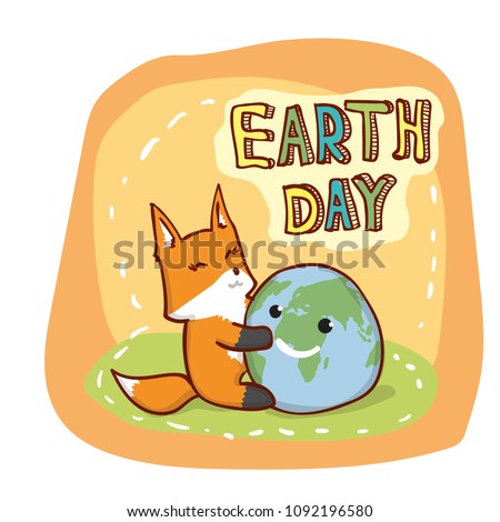 A small cute fox hugs the globe. Earth Day. Concept design for banner, background, poster, greeting card. World Environment Day. Hand drawn vector illustration.