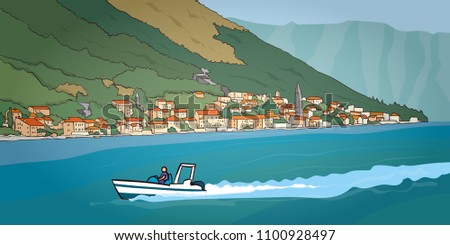 Mediterranean landscape - town Perast, Kotor bay (Boka Kotorska), Montenegro. Medieval city under the mountain next to the sea. Hand drawn vector illustration. 