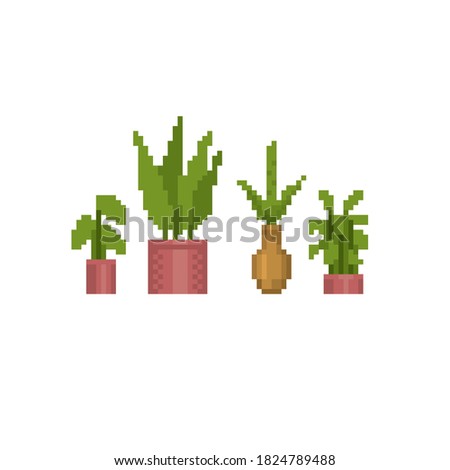 Household, office plants in pots. Pixel art icons set. Old school computer graphic. 8 bit video game. Game assets 8-bit sprite.