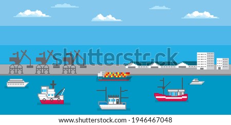 Marine port. Shipping transportation and ocean logistic. Pixel art. Old school computer graphic. 8 bit video game. Game assets 8-bit.