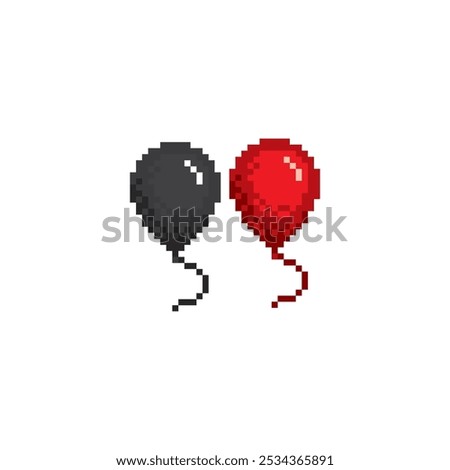 Black and red balloons pixel art icon. Design for logo, web, mobile app, sticker, badges and patches. Video game sprite. 8-bit. Isolated vector illustration.