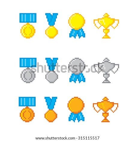 Awards pixel icons set. Old school computer graphic style.