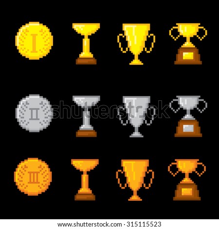 Awards pixel icons set. Old school computer graphic style.