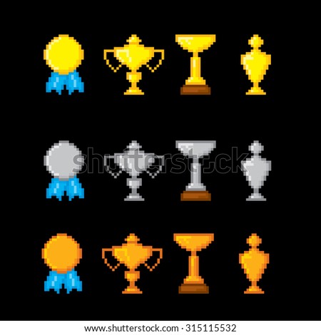 Awards pixel icons set. Old school computer graphic style.