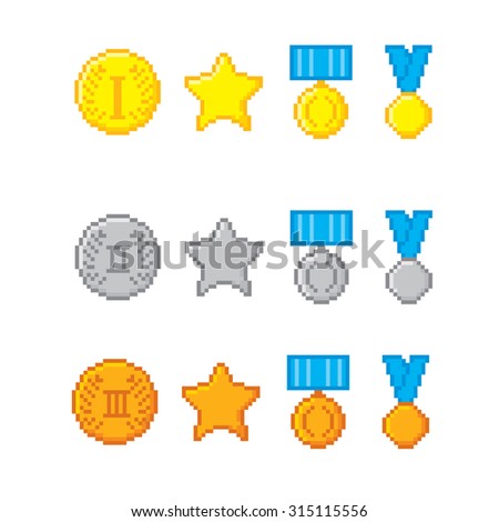 Awards pixel icons set. Old school computer graphic style.