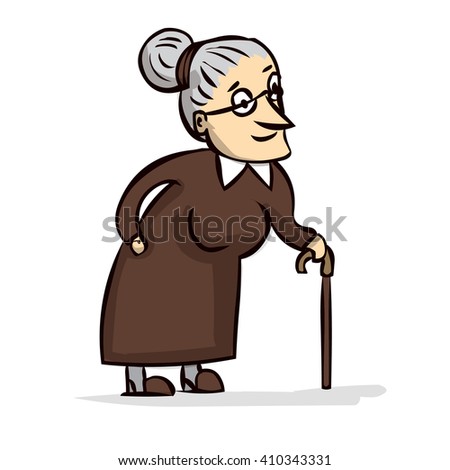 Old Lady With Walking Stick. Hand Drawn Cartoon Vector Illustration ...