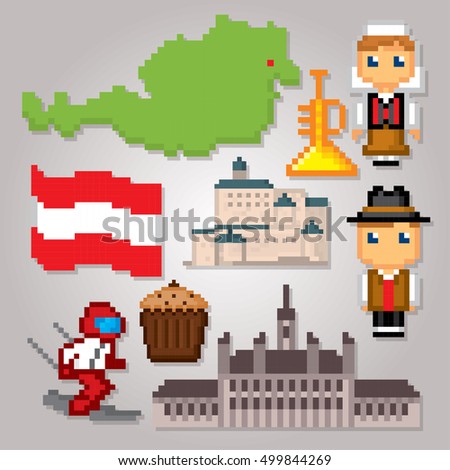 Austria icon set. Pixel art. Old school computer graphic style. Games elements