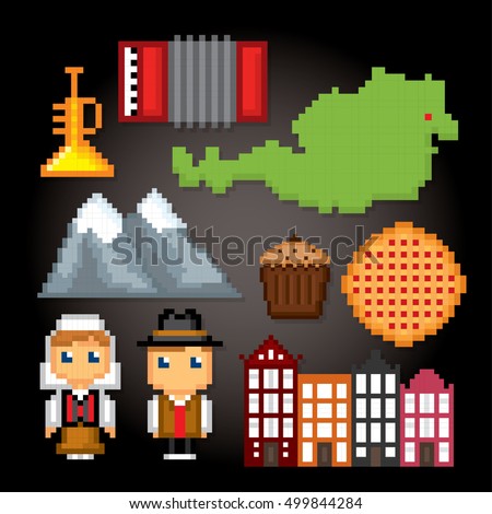 Austria icon set. Pixel art. Old school computer graphic style. Games elements