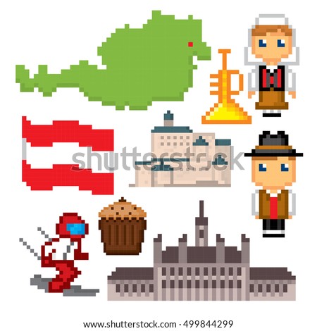 Austria icon set. Pixel art. Old school computer graphic style. Games elements