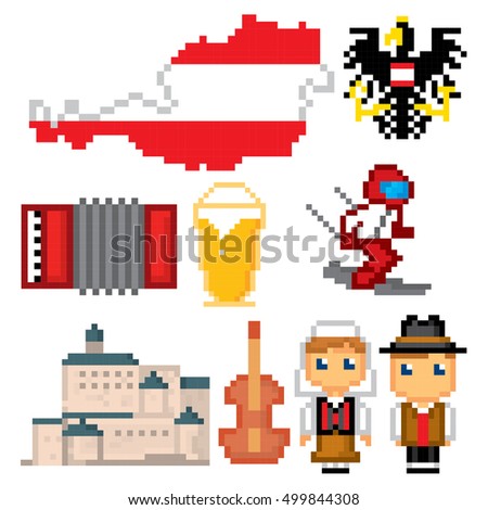 Austria icon set. Pixel art. Old school computer graphic style. Games elements
