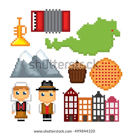 Austria icon set. Pixel art. Old school computer graphic style. Games elements