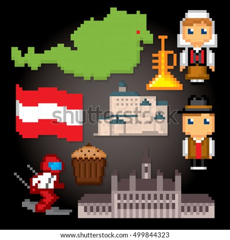 Austria icon set. Pixel art. Old school computer graphic style. Games elements