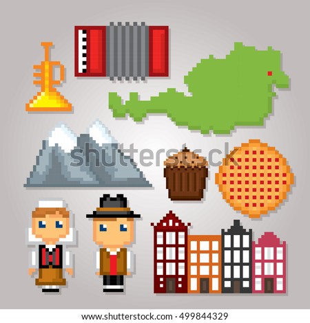 Austria icon set. Pixel art. Old school computer graphic style. Games elements