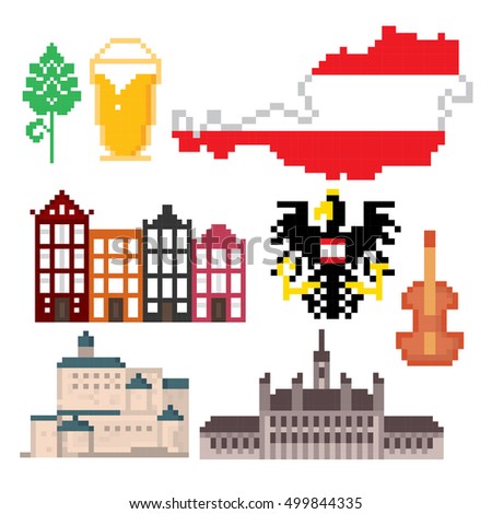 Austria icon set. Pixel art. Old school computer graphic style. Games elements