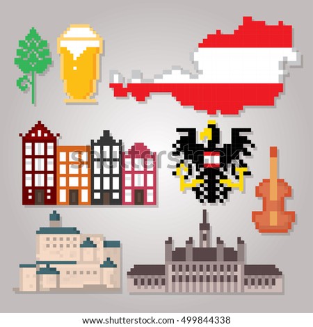 Austria icon set. Pixel art. Old school computer graphic style. Games elements