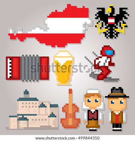 Austria icon set. Pixel art. Old school computer graphic style. Games elements