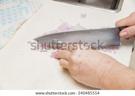 hands cutting onion diced small