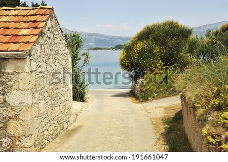 THE COAST OF CROATIA, MAY 23, 2011. An alley leading to a sea bay of the Mediterranean Sea, with a big bush of yellow flowers on the right and the sea in the horizon, in Croatia, on May 23rd, 2011.