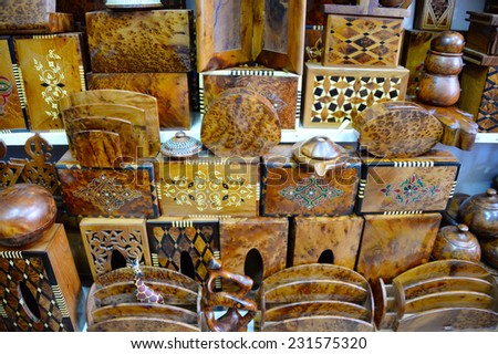 ESSAOUIRA, MOROCCO, FEBRUARY 27, 2014. Moroccan handmade wooden boxes for sale in Souk El Had, the biggest bazar in Agadir, Morocco, on February 27th, 2014.