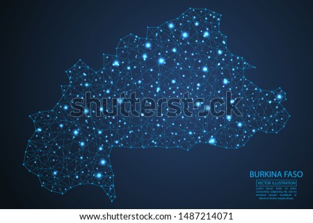 A map of Burkina Faso consisting of 3D triangles, lines, points, and connections. Vector illustration of the EPS 10.