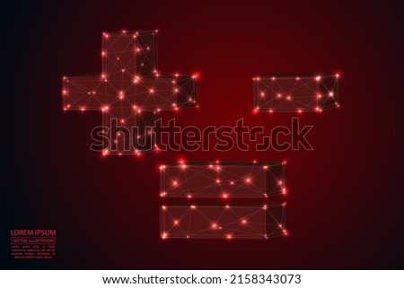 Abstract plus, minus, equals a drawing consisting of triangles, circles, decay spots, stars. Dark red background. Vector eps 10.