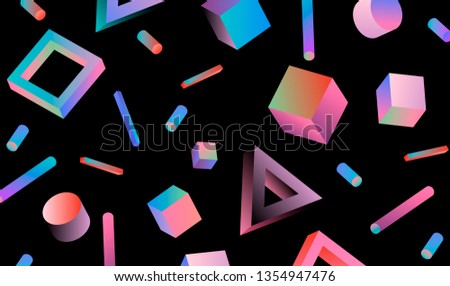 Neo memphis/ vaporwave abstract background. Neon 3d shapes - polygon, cube, prism, cylinder, cuboid, ect. Retrofuturistic print for t-shirt, notebook, poster, cover.