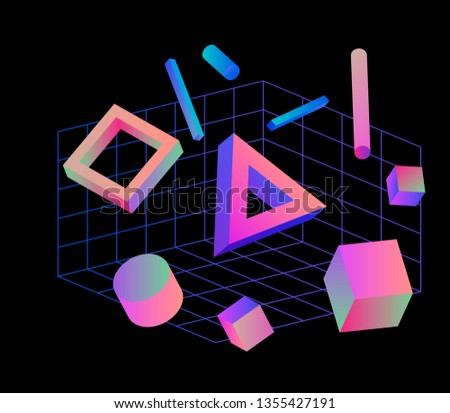 Neo memphis/ vaporwave 3d illustration. Perspective neon laser grid and 3d shapes on dark background, polygon, cube, prism, cylinder, cuboid, ect. Futuristic print for t-shirt, notebook, poster.