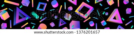 Neo memphis/ bauhaus/ retrowave abstract background. Neon holographic chromatic 3d shapes - polygon, cube, prism, cylinder, cuboid, ect. Retrofuturistic print for t-shirt, notebook, poster, cover.