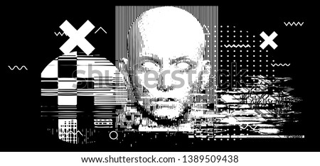 Concept illustration of artificial intelligence, high-tech cybernetic future robot, human machine. Distorted 3d mask of human face. Cover for AI Hackathon, Deep Learning Computer Vision Algorithm.