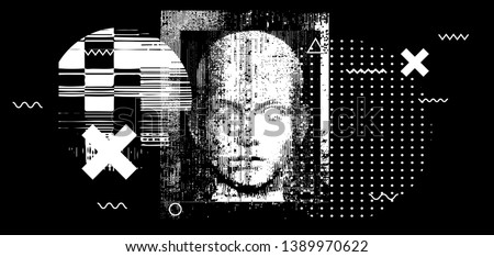 Concept illustration of artificial intelligence, high-tech cybernetic future robot, human machine. Distorted 3d mask of human face. Cover for AI Hackathon, Deep Learning Computer Vision Algorithm.