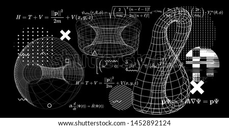 Abstract scientific background with fundamental Quantum Mechanics formulas: Schrodinger equation,  quantum field theory, ect. Vector illustration of a black chalkboard with formulas and klein bottle.
