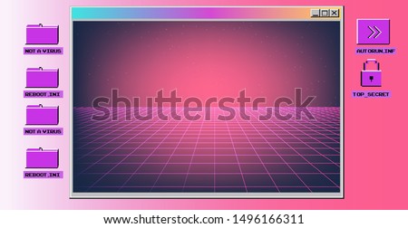 Vaporwave Synthwave 80s-90s retrofuturistic background with opened terminal console, command-line interface and neon laster grid. Abstract technology vector background with glitched computer program.