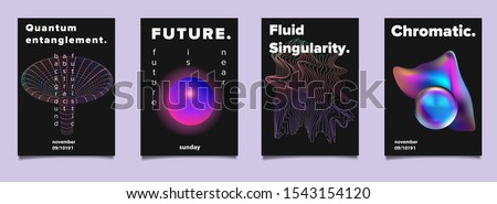 Set of futuristic vaporwave vector posters for scientific conference or academic meeting. Conceptual illustration of quantum subatomic particles, time and space distortion by black hole and wormhole.