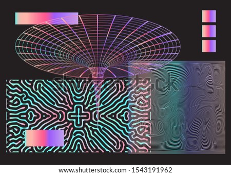 Set of vector elements in synthwave and vaporwave style. Universal abstract futuristic icons in holographic colors on dark background.