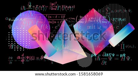 Floating 3d solids in zero gravity with glowing and highlighted math formulas around them. Concept of Physics and branches in mathematics such as Geometry and Topology, Analysis.