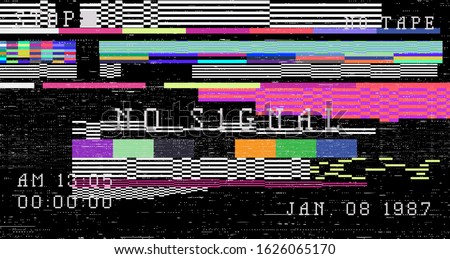 Glitch camera effect. Retro VHS background like in old video tape rewind or no signal TV screen. Vaporwave/ retrowave style vector illustration.