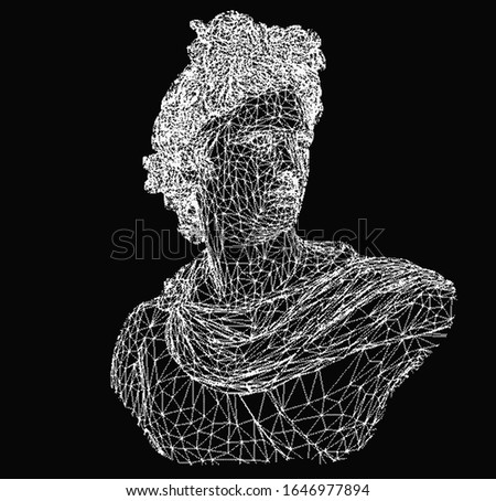 Pixel art ilustration of Apollo Belvedere bust made of polygonal mesh.