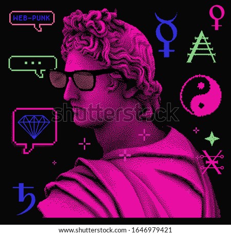 Pixel art ilustration with marble sculpture in sunglasses, Apollo Belvedere bust. Vaporwave and retrowave style collage, postmodern aesthetics of 80's-90's.