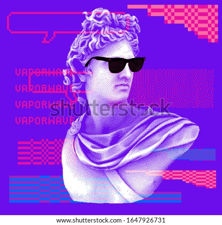 Pixel art ilustration with marble sculpture in sunglasses, Apollo Belvedere bust. Vaporwave and retrowave style collage, postmodern aesthetics of 80's-90's.