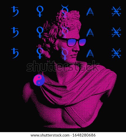 Marble sculpture in sunglasses made in pixel art technique with Dithering effect, Apollo Belvedere bust with alchemical neon symbols around it. Vaporwave and retrowave style collage.