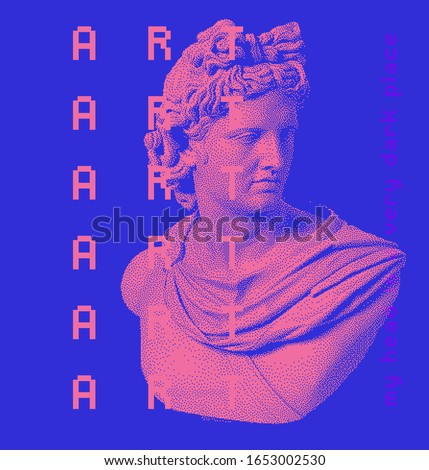 Vector pixel art ilustration with  neoclassicist Greek sculpture. Vaporwave and retrowave style collage, postmodern aesthetics.