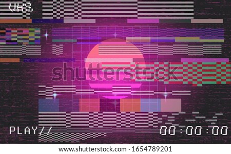 TV screen with VHS flicker effect and glowing neon sun disc. Retrofuturistic nostalgic illustration, vaporwave style aesthetics of 80's-90's.