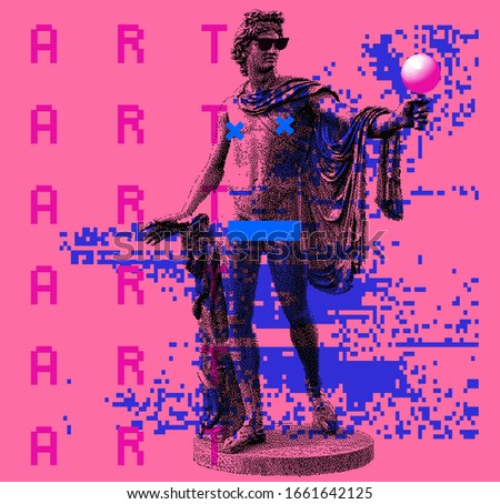 Pixel art ilustration with marble sculpture, Apollo Belvedere bust in sunglasses. Vaporwave and retrowave style collage, postmodern aesthetics of 80's.